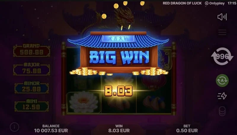 Red Dragon of Luck – põhiekraan 3x3 võrgu ja punase draakoniga